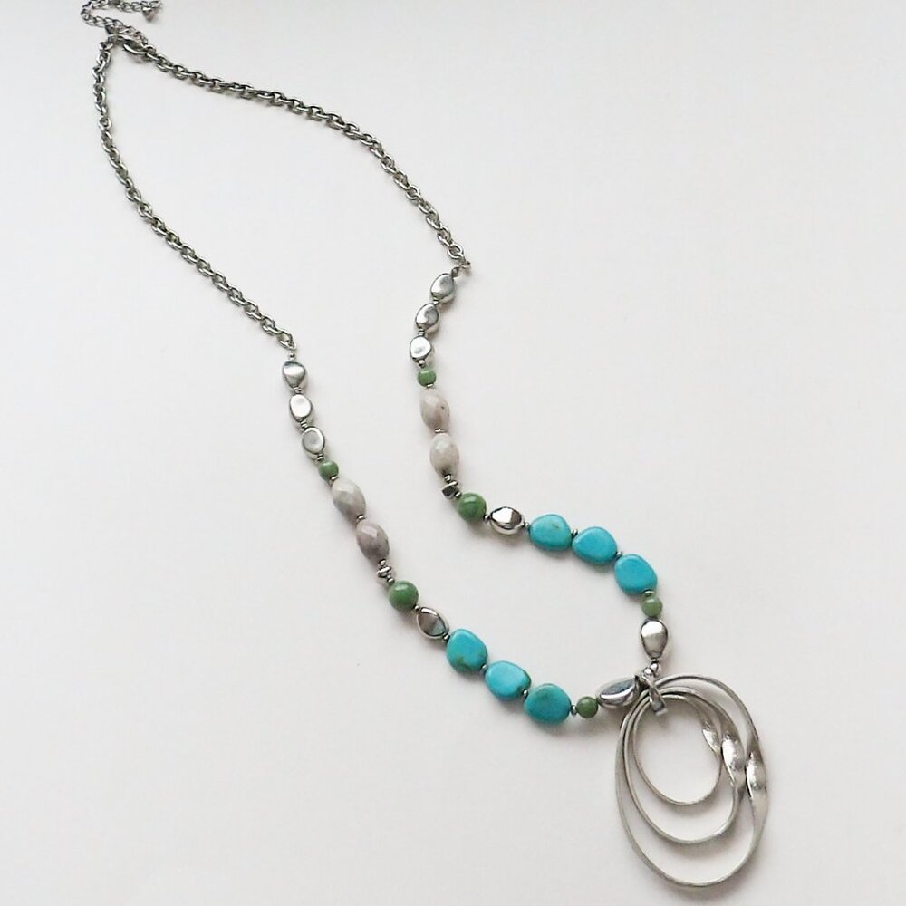 Vintage Chico's Long Statement Necklace Silver Tone Turquoise Colors